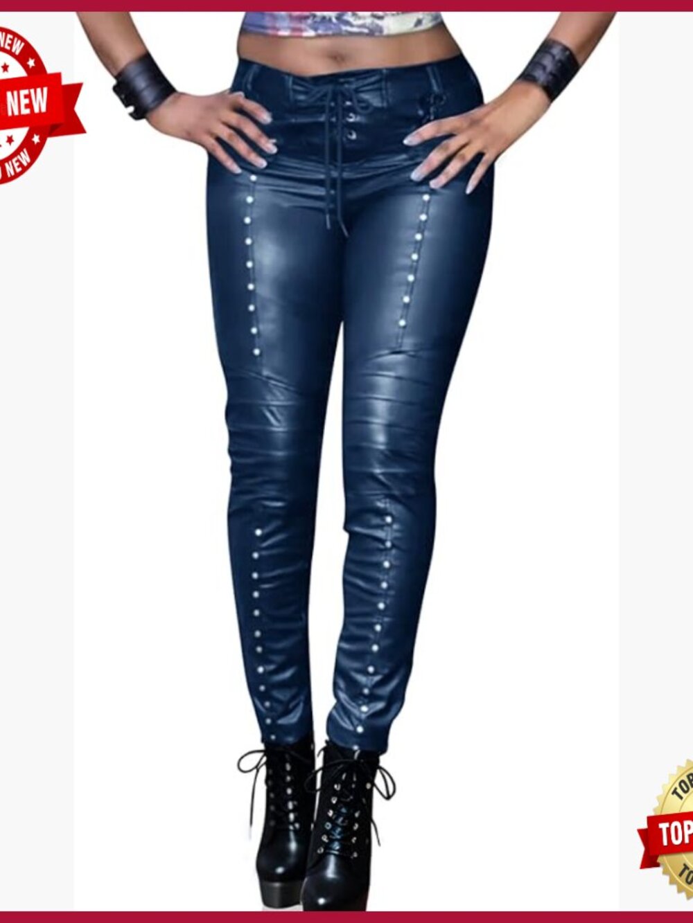 Faux Leather Leggings Studded Punk Skinny Pants Mid Rise Fleece Lined